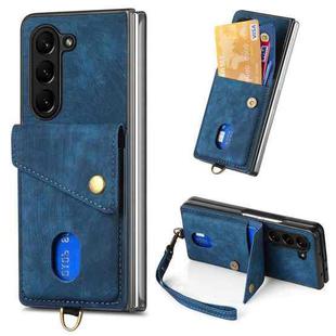 For Samsung Galaxy Z Fold6 5G Retro Card Wallet Fold Leather Phone Case with Strap(Bule)