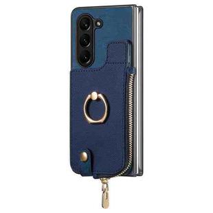 For  Samsung Galaxy Z Fold5 5G Retro Zipper Wallet Ring Leather Phone Case(Blue)