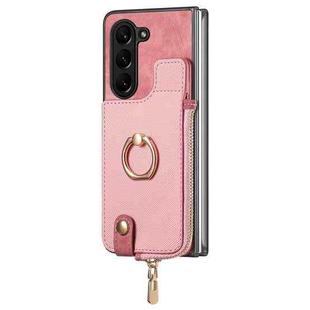 For  Samsung Galaxy Z Fold5 5G Retro Zipper Wallet Ring Leather Phone Case(pink)