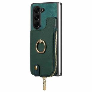 For  Samsung Galaxy Z Fold5 5G Retro Zipper Wallet Ring Leather Phone Case(Green)
