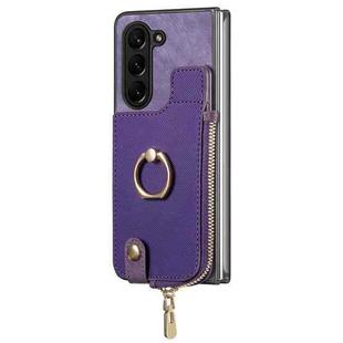 For  Samsung Galaxy Z Fold5 5G Retro Zipper Wallet Ring Leather Phone Case(Purple)