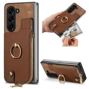 For Samsung Galaxy Z Fold6 5G Retro Zipper Wallet Ring Leather Phone Case(Brown)