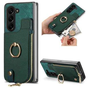 For Samsung Galaxy Z Fold6 5G Retro Zipper Wallet Ring Leather Phone Case(Green)