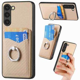 For Samsung Galaxy S23+ 5G Carbon Fiber Card Wallet Folding Ring Holder Phone Case(Khaki)