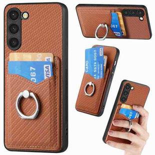 For Samsung Galaxy S23+ 5G Carbon Fiber Card Wallet Folding Ring Holder Phone Case(Brown)