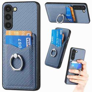 For Samsung Galaxy S23+ 5G Carbon Fiber Card Wallet Folding Ring Holder Phone Case(Blue)