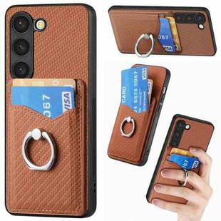 For Samsung Galaxy S23 5G Carbon Fiber Card Wallet Folding Ring Holder Phone Case(Brown)