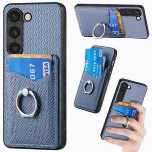 For Samsung Galaxy S23 5G Carbon Fiber Card Wallet Folding Ring Holder Phone Case(Blue)
