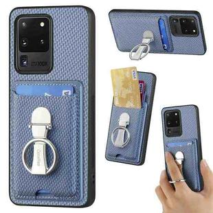 For Samsung Galaxy S20 Ultra Carbon Fiber Card Wallet Folding Ring Holder Phone Case(Blue)