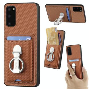 For Samsung Galaxy S20 Carbon Fiber Card Wallet Folding Ring Holder Phone Case(Brown)