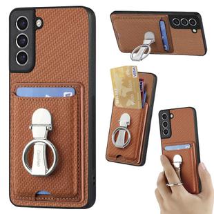 For Samsung Galaxy S21 FE 5G Carbon Fiber Card Wallet Folding Ring Holder Phone Case(Brown)