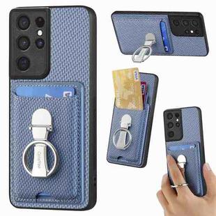 For Samsung Galaxy S21 Ultra 5G Carbon Fiber Card Wallet Folding Ring Holder Phone Case(Blue)