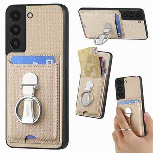 For Samsung Galaxy S22 5G Carbon Fiber Card Wallet Folding Ring Holder Phone Case(Khaki)