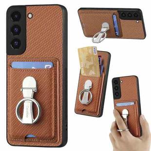 For Samsung Galaxy S22+ 5G Carbon Fiber Card Wallet Folding Ring Holder Phone Case(Brown)