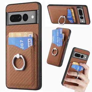 For Google Pixel 7 Pro Carbon Fiber Card Wallet Ring Holder Phone Case(Brown)