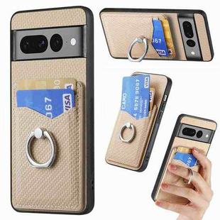 For Google Pixel 7 Pro Carbon Fiber Card Wallet Ring Holder Phone Case(Khaki)