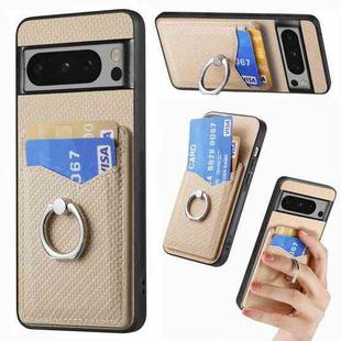 For Google Pixel 8 Pro Carbon Fiber Card Wallet Ring Holder Phone Case(Khaki)