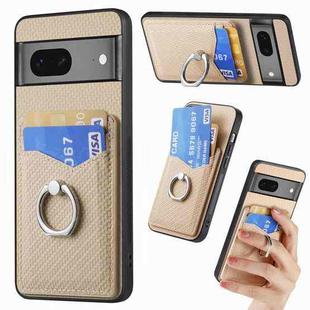 For Google Pixel 7 Carbon Fiber Card Wallet Ring Holder Phone Case(Khaki)
