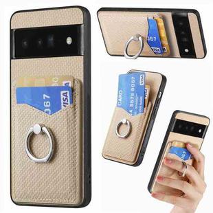 For Google  Pixel 6 Pro Carbon Fiber Card Wallet Ring Holder Phone Case(Khaki)