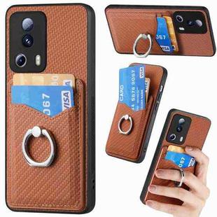 For Xiaomi Redmi Note 12 5G Carbon Fiber Card Wallet Ring Holder Phone Case(Brown)