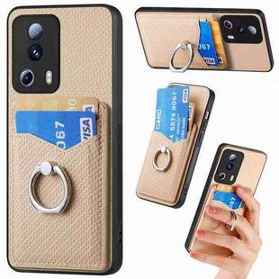 For Xiaomi Redmi Note 12 5G Carbon Fiber Card Wallet Ring Holder Phone Case(Khaki)