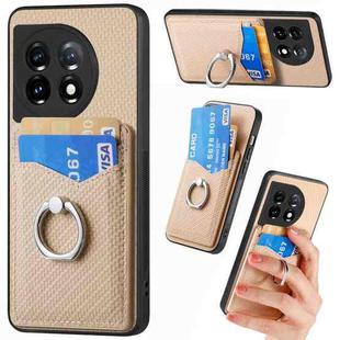 For OnePlus 11 Carbon Fiber Card Wallet Ring Holder Phone Case(Khaki)