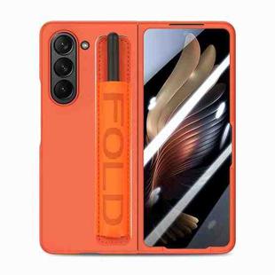 For Samsung   Galaxy Z Fold5 5G Integrated Film Wrist Grip Leather Phone Case with Pen Slot(Orange)