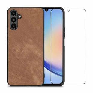 For Samsung Galaxy A34 5G ENKAY Retro Leather Skin PC Phone Case with High Aluminum-silicon Glass Film(Brown)