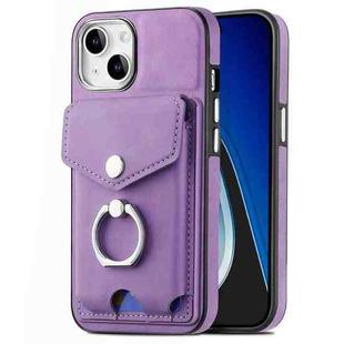 For  iPhone 15 Electroplating Skin-feel Leather Ring Card Wallet Phone Case(Purple)