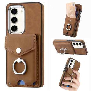 For Samsung Galaxy S23 5G Electroplating Skin-feel Leather Ring Card Wallet Phone Case(Brown)