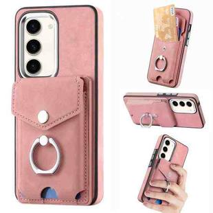 For Samsung Galaxy S23 5G Electroplating Skin-feel Leather Ring Card Wallet Phone Case(Pink)