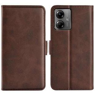 For Motorola Moto G14 Dual-side Magnetic Buckle Horizontal Flip Leather Phone Case(Brown)