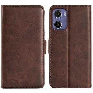 For Motorola Moto E15 Dual-side Magnetic Buckle Horizontal Flip Leather Phone Case(Brown)