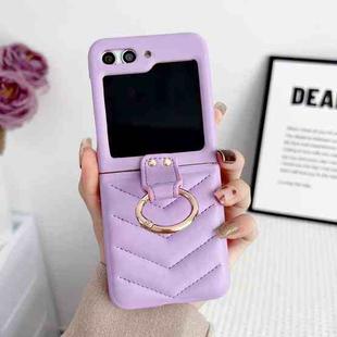For Samsung Galaxy Z Flip5 5G V-shaped Pattern Leather Ring Holder Shockproof Phone Case(Purple)
