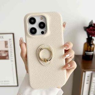 For iPhone 15 Pro Max Litchi Texture Ring Holder Shockproof Phone Case(White)