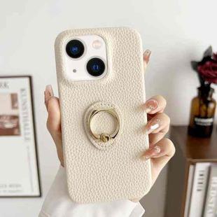 For iPhone 15 Plus Litchi Texture Ring Holder Shockproof Phone Case(White)