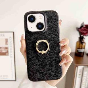 For iPhone 15 Plus Litchi Texture Ring Holder Shockproof Phone Case(Black)