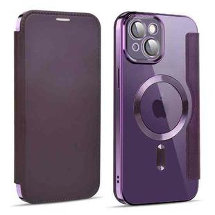 For iPhone 15 Plus Shield MagSafe RFID Anti-theft Leather Phone Case(Purple)