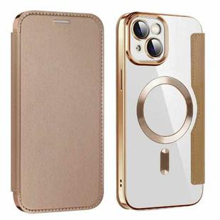 For iPhone 15 Plus Shield MagSafe RFID Anti-theft Leather Phone Case(Desert Gold)