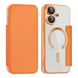 For iPhone 16 Plus Shield MagSafe RFID Anti-theft Leather Phone Case(Orange)