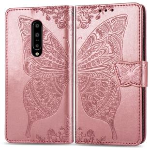 Butterfly Love Flowers Embossing Horizontal Flip Leather Case for OnePlus 7 Pro, with Holder & Card Slots & Wallet & Lanyard(Rose gold)