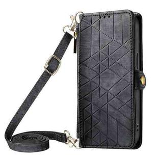 For iPhone 11 Geometric Zipper Wallet Side Buckle Leather Phone Case with Crossbody Lanyard(Black)
