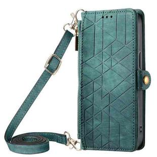 For iPhone 11 Pro Max Geometric Zipper Wallet Side Buckle Leather Phone Case with Crossbody Lanyard(Green)