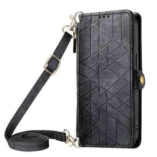 For iPhone 13 Pro Max Geometric Zipper Wallet Side Buckle Leather Phone Case with Crossbody Lanyard(Black)