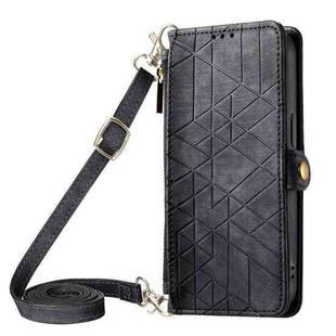 For iPhone 14 Plus Geometric Zipper Wallet Side Buckle Leather Phone Case with Crossbody Lanyard(Black)