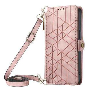 For iPhone 15 Geometric Zipper Wallet Side Buckle Leather Phone Case with Crossbody Lanyard(Pink)