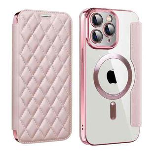 For iPhone 11 Pro Max Shield Magsafe RFID Anti-theft Rhombus Leather Phone Case(Pink)
