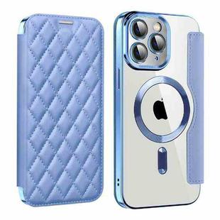 For iPhone 11 Pro Max Shield Magsafe RFID Anti-theft Rhombus Leather Phone Case(Blue)