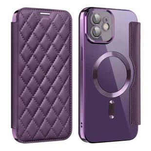For iPhone 12 Shield Magsafe RFID Anti-theft Rhombus Leather Phone Case(Purple)