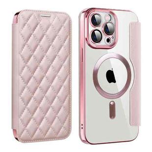 For iPhone 12 Pro Max Shield Magsafe RFID Anti-theft Rhombus Leather Phone Case(Pink)